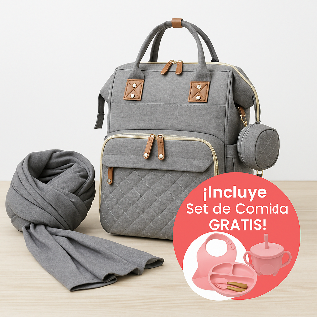 👩‍👧 Kit Mamá Moderna – Pañalera + Fular Cargador Gris + Set de Comida 👉 Elige aquí abajo el color de tu pañalera y de tu set de comida (el fular siempre es gris)